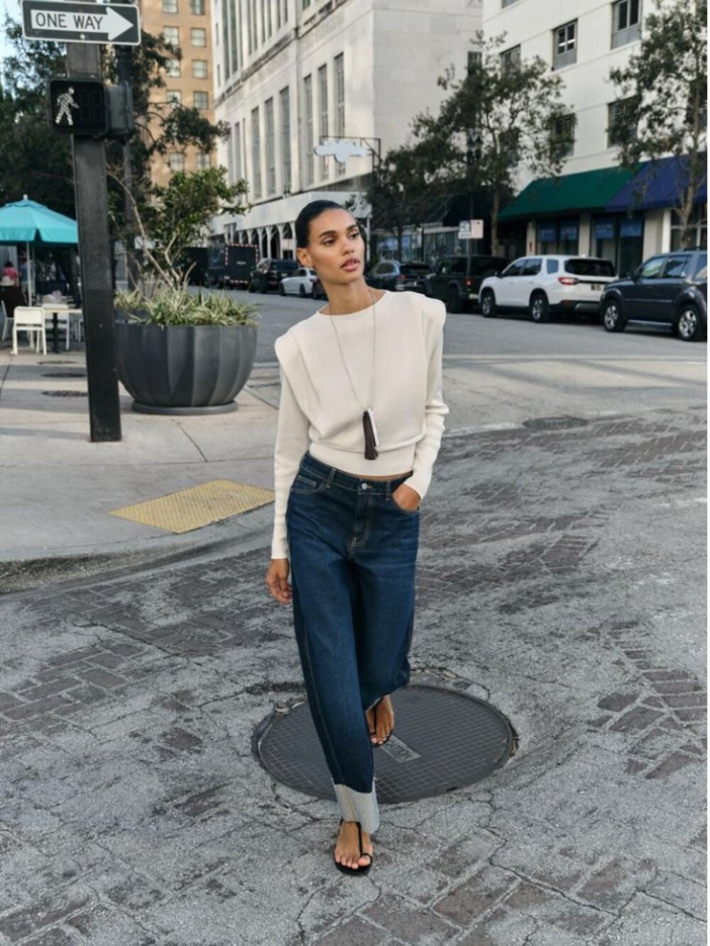 Zara Shoulder Pad Knit Sweater Pleated Ecru NWT S